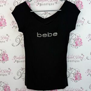 Bebe T-shirt Swarovski crystal Black Short Sleeve Tee with Rhinestone Logo